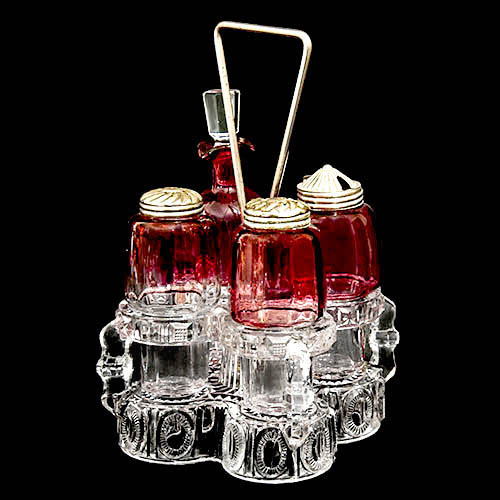 EAPG, Victorian Glass, Pattern Glass, Pressed Glass, antique, Vertical Optic Castor Set, Vertical Optic Condiment Set, Northwood Glass Company, Elson Glass Company, Aurora Condiment Set, Aurora Castor Set