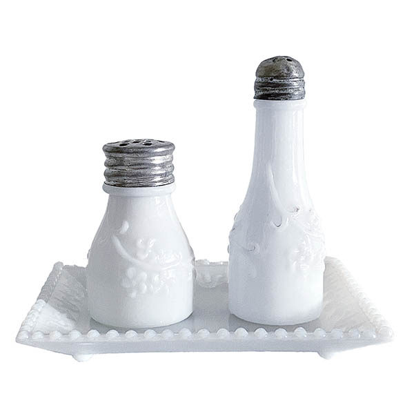 EAPG, Victorian Glass, Pattern Glass, Pressed Glass, antique, milk glass, Forget Me Not Peewee and Companion Salt and Pepper Shaker with tray, Eagle Glass and Manufacturing Company