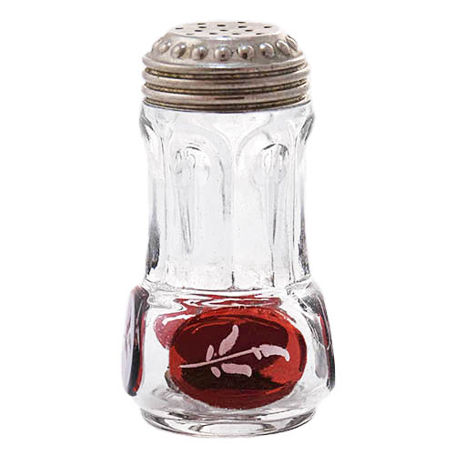 EAPG, Victorian Glass, Pattern Glass, antique, ruby stain, Nail Salt Shaker, Recessed Pillar Salt Shaker, Thumbprint Band Salt Shaker, United States Glass Company