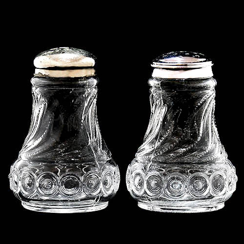 EAPG, Victorian Glass, Pattern Glass, Pressed Glass, antique, Spiral Salt and Pepper Shaker, Beaded Swirl and Disc Salt and Pepper Shaker, United States Glass Company