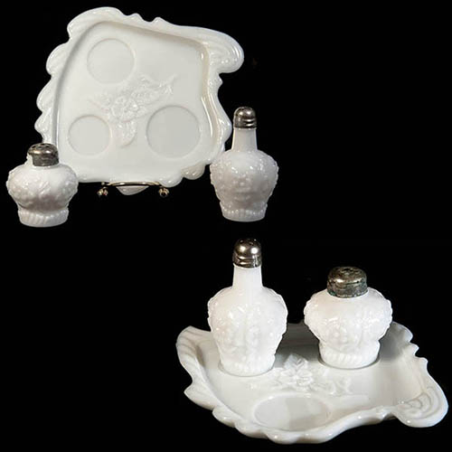 EAPG, Victorian Glass, Pattern Glass, Pressed Glass, Milk Glass Cosmos Scroll Ribbed Base Condiment set, Cosmos Scroll Salt and Pepper, Cosmos Scroll Condiment tray, Eagle Glass Manufacturing Company