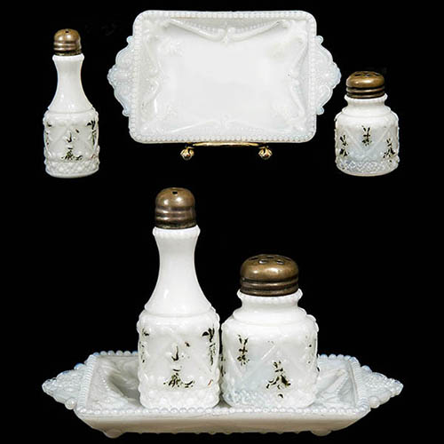 EAPG, Victorian Glass, Pattern Glass, Pressed Glass, antique, Fluer De Lis Condimant Set, milk Glass, Fluer De Lis Salt and Pepper Shaker, Fluer De Lis Tray, Eagle Glass and Manufacturing Company