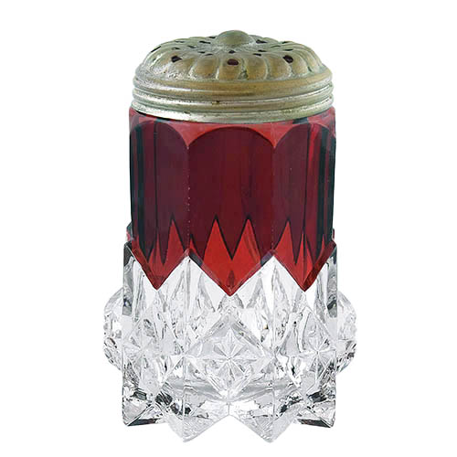 EAPG, Victorian Glass, Pattern Glass, Pressed Glass, antique, O'Hara Diamond Sugar Shaker, Sawtooth and Star Sugar Shaker, ruby stain, Unnited States Glass Company