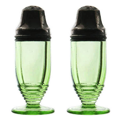 Green RIbbon Pattern Depression Salt and Pepper Shakers