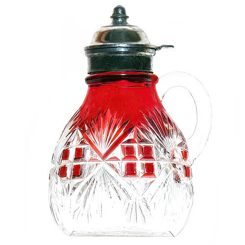 EAPG, Victorian Glass, Pressed Glass, Pattern Glass, antique, Majestic Syrup Pitcher, ruby stain, McKee and Brothers Glass Company