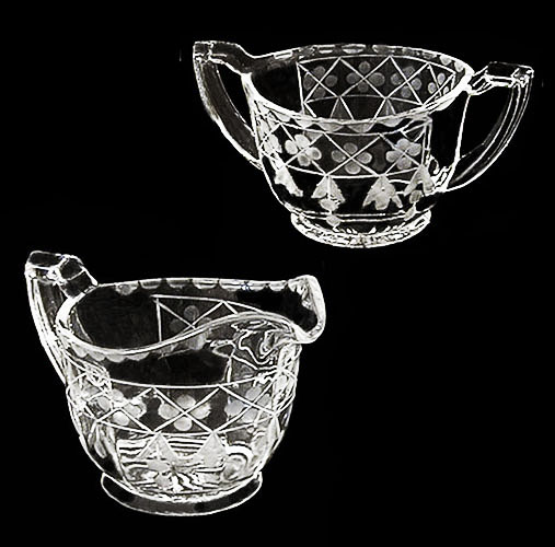 Depression Glass, Cream and Sugar Set, crystal etched glass, 1930