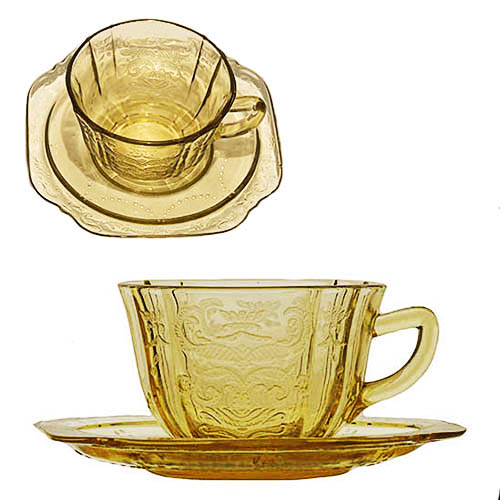 depression glass, madrid cups and saucers, amber glass, federal glass company