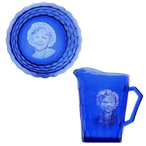 Depression glass, Shirley Temple Bowl and Milk Pitcher, blue glass, Hazel Atlas Glass Company