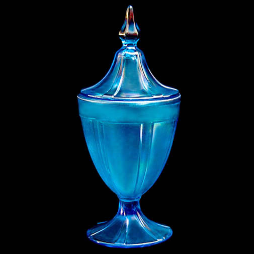 Carnival Glass, recessed panel candy jar, Northwood Glass Company, Iridescent blue glass