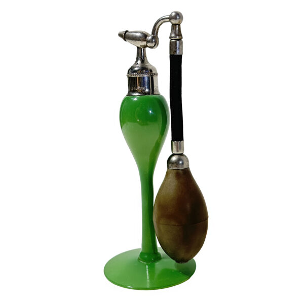 Antique Glass Atomizer Perfume Bottle, DeVilbiss Company, green blown glass