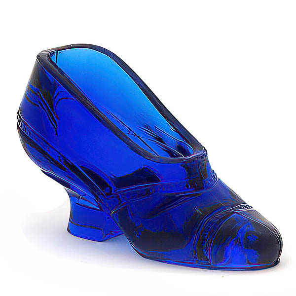 EAPG, Novelty Figural Glass Shoe, blue glass, Fenton Glass Company