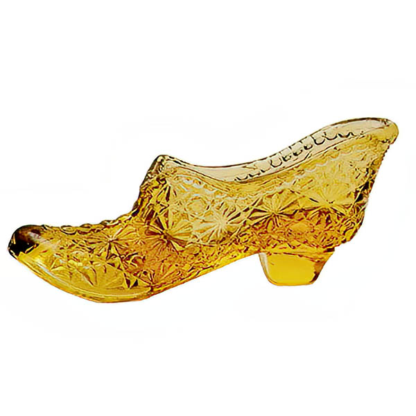 Whimsy Novelty Amber Glass Shoe, Button and Daisy, Fenton Glass Company, aamber glass