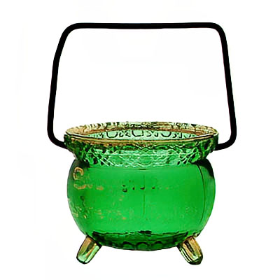 Whimsy Novelty Glass, Gypsy Kettle, Witches Kettle, L.E. Smith Glass Company, green glass