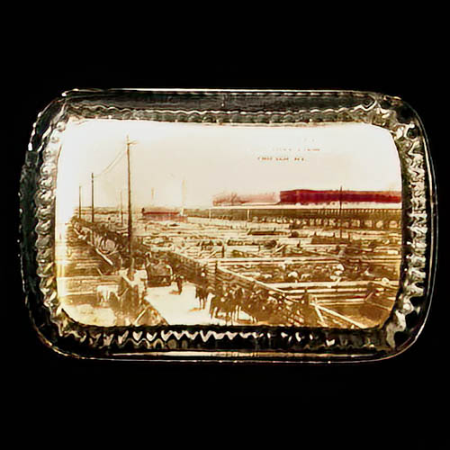 Whimsy Novelty Glass Paperweight, Chicago Union Stock Yards, Tarentum Glass Company