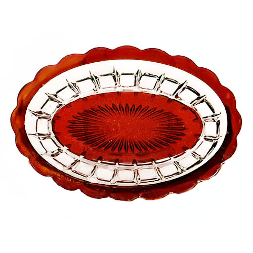 Whimsy Novelty Glass Pin Tray , Banded Portland, ruby stain, United States Glass Company
