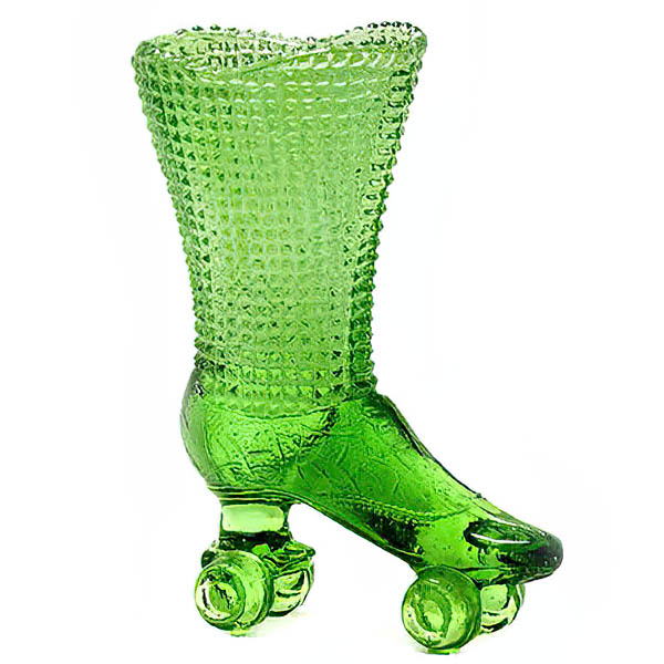 Whimsy Novelty Green Glass Roller Skate Shoe, Fenton Glass Company, green glass