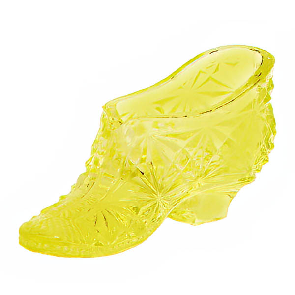 Whimsy Novelty Vaseline Glass Slipper Shoe, Fenton Glass Company, vaseline glass