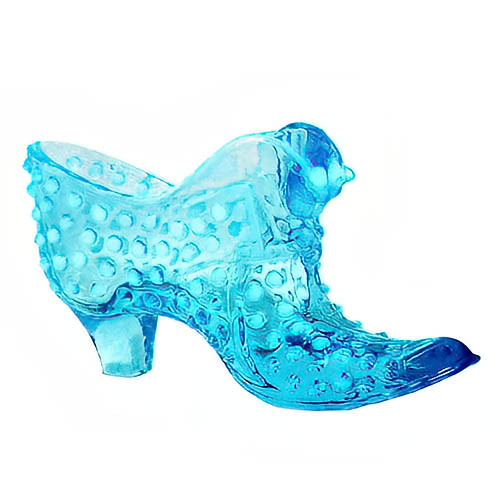Whimsy Novelty Vintage Glass Hobnail Glass Cat Slipper, blue opalescent hobnail shoe, cat climbing over laces, Fenton Glass Company, blue opalescent