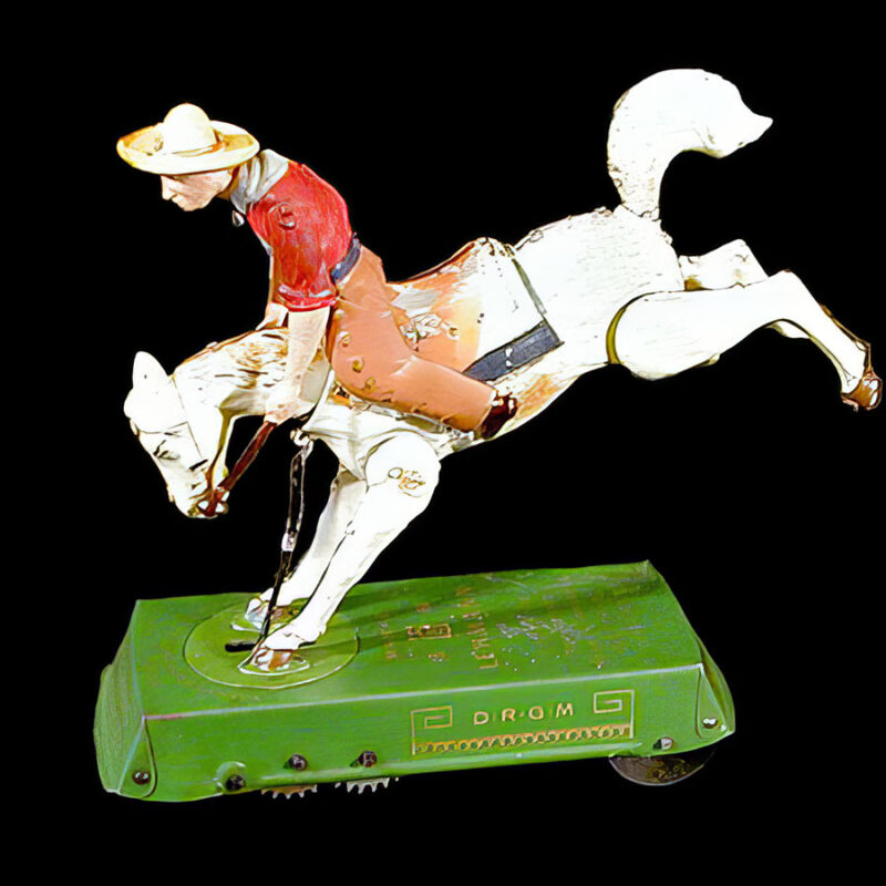 Windup Bucking Bronco, metal lithograph toy, Germany, Lehmann