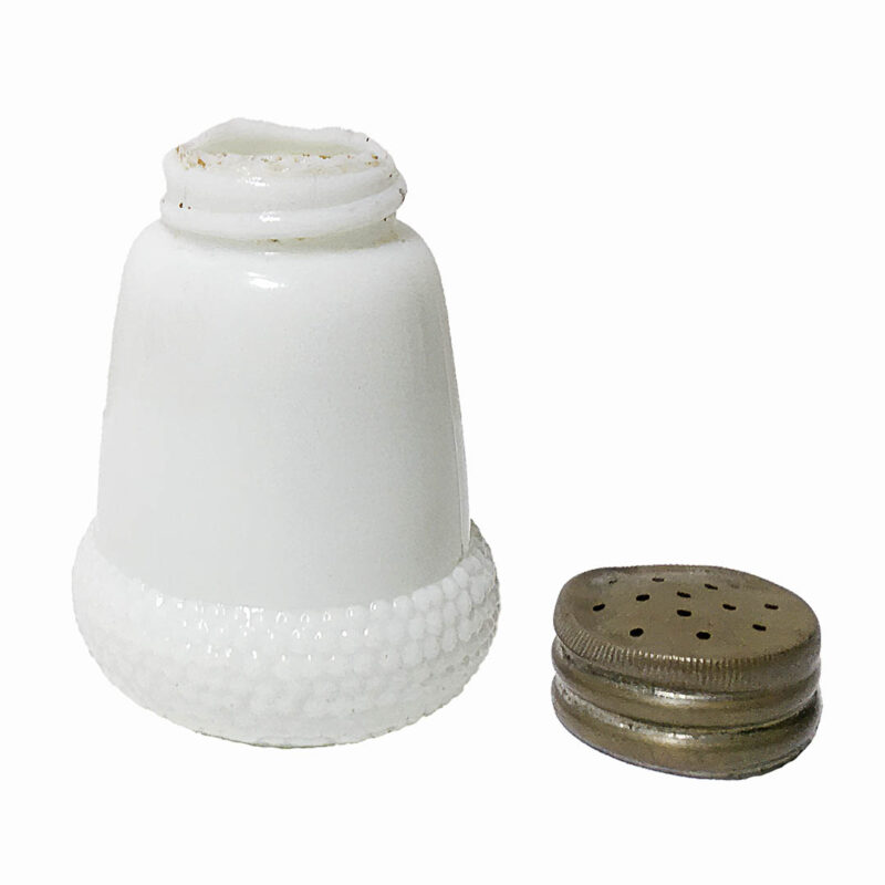 EAPG Acorn Salt Shaker, milk glass, Challinor, Taylor and Company, Beaumont Glass and Buckeye Glass Company