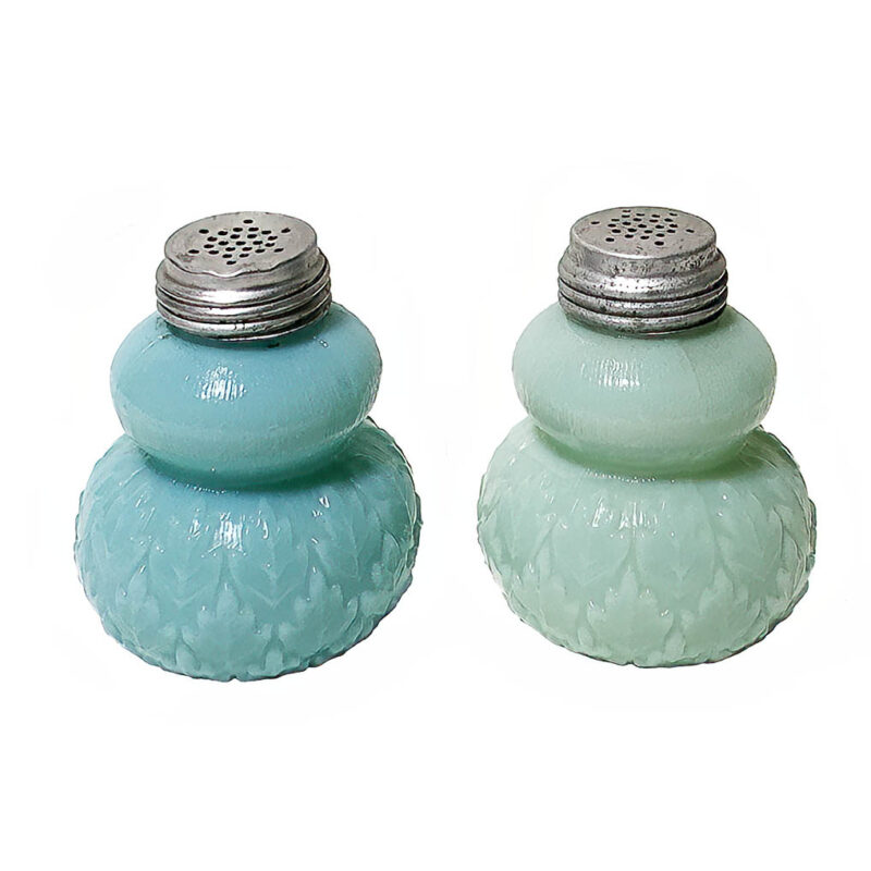 EAPG Leaf Covered Base Salt and Pepper Shaker, Dithridge and Company, green milk glass, blue milk glass