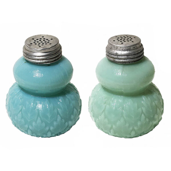 EAPG Leaf Covered Base Salt and Pepper Shaker, Dithridge and Company, green milk glass, blue milk glass