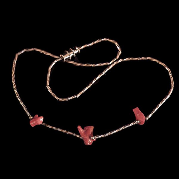 Sterling Silver Bead Link Chain with Red Coral Handcrafted Necklace