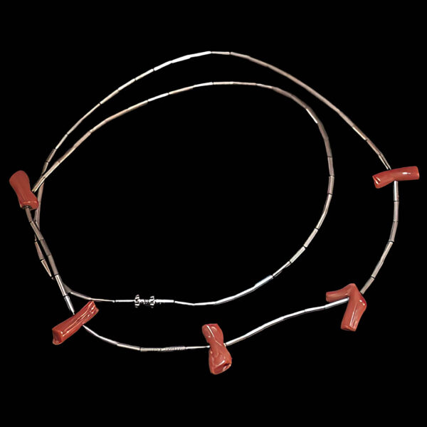 Sterling Silver Bead Link Chain with Red Coral Handcrafted Necklace