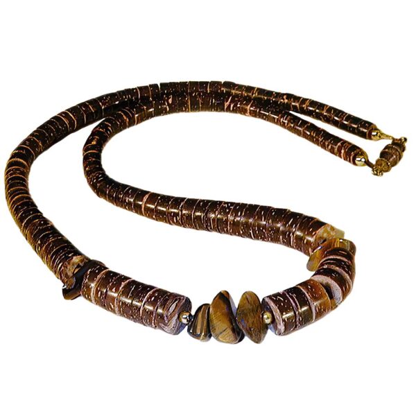 Tiger Eye Stones and Cut Shell Beaded Necklace from Hawaii
