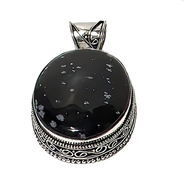 Modern Sterling Silver Snowflake Obsidian Stone Pendant Jewelry