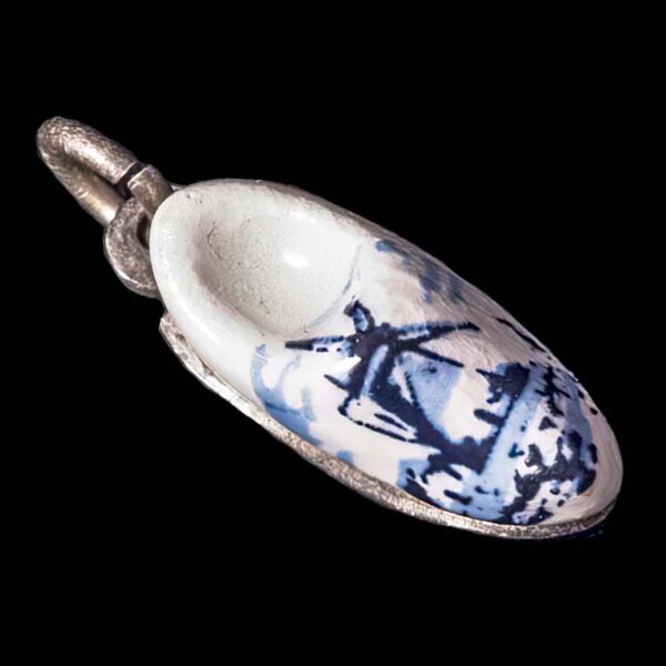 Vintage Silver and Ceramic Wooden Shoe Blue and White Pendant