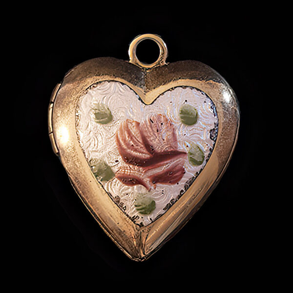 Vintage Gold Locket with Enamel Rose Pendant
