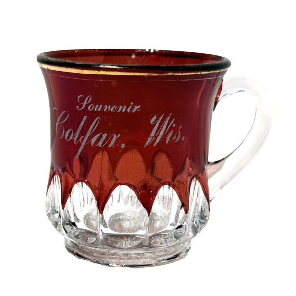 EAPG Arched Oval Mug, ruby stained, United States Glass Company, Souvenir Colfax Wis