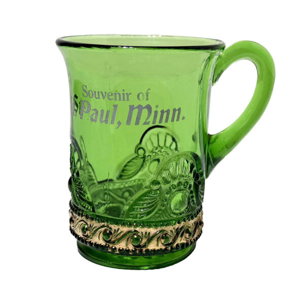 EAPG Jewel or Lacy Medallion Mug, green glass, United States Glass Company