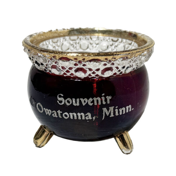 EAPG Whimsy Novelty Glass Gypsy Kettle, Whimsy Novelty Glass Witches Kettle, L.E. Smith Glass Company, Souvenir Owatonna Minn