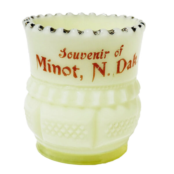 EAPG Columbia Toothpick Holder, custard glass, gold on rim, souvenir Minot N Dakota, Tarentum Glass Company