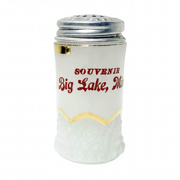 EAPG Button Arches Salt Shaker, clambroth galss, George Duncan and Sons Glass Company, Souvenir of Big Lake, Minn