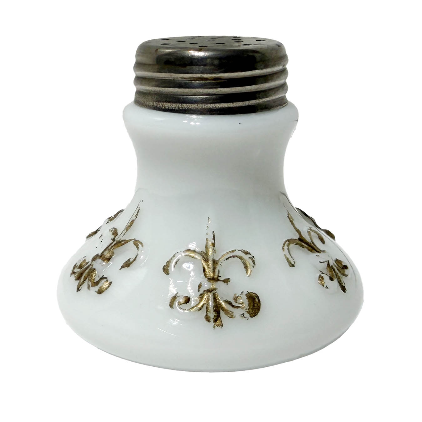 EAPG Six Fleur-de-Lis Salt Shaker, milk glass, National Glass Company